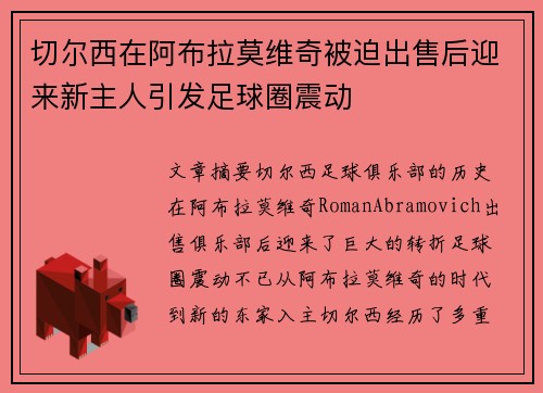 切尔西在阿布拉莫维奇被迫出售后迎来新主人引发足球圈震动